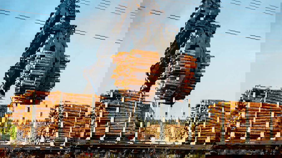 Avlastning av timmer från järnvägsvagnar i finska Kouvola.